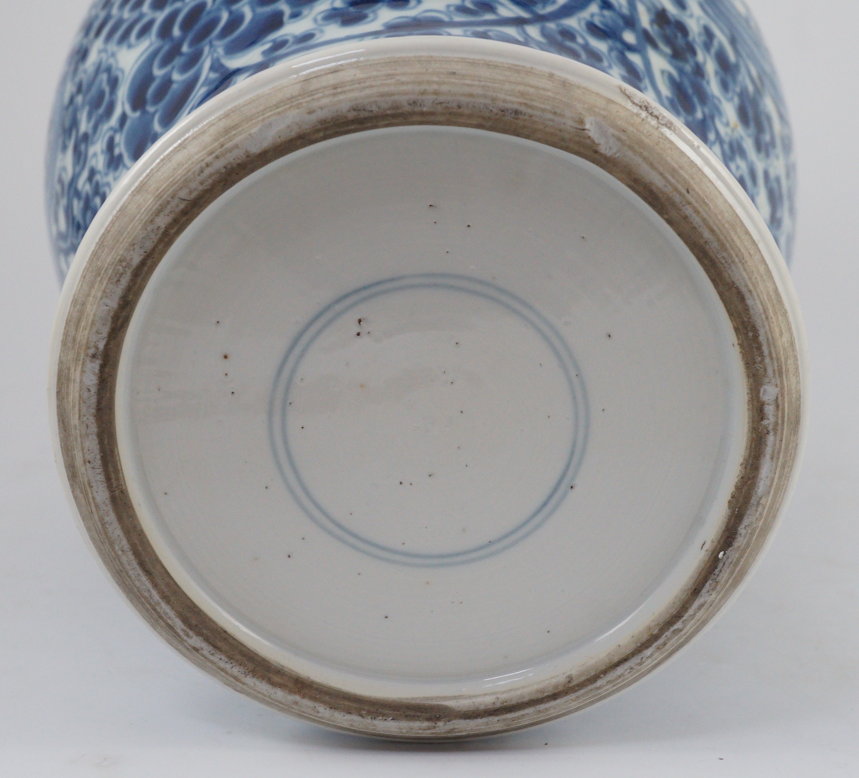 A Chinese blue and white ‘phoenix and peony’ baluster jar, Kangxi period, with a later wood cover, 36cm high excluding later wood cover